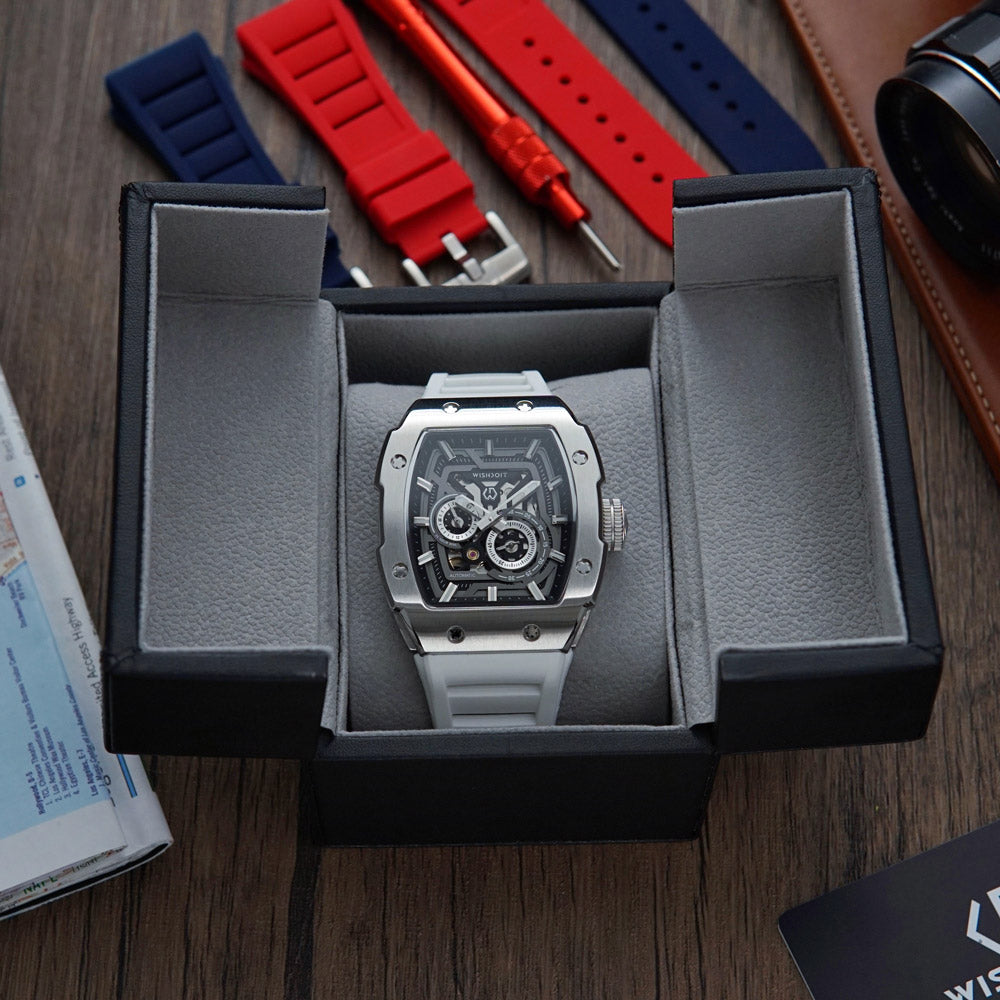 Wishdoit Watches Tonneau Affordable Best Mens Mechanical Full Speed Watch | Fluorine Rubber Watch Strap|Silvery(White Strap)