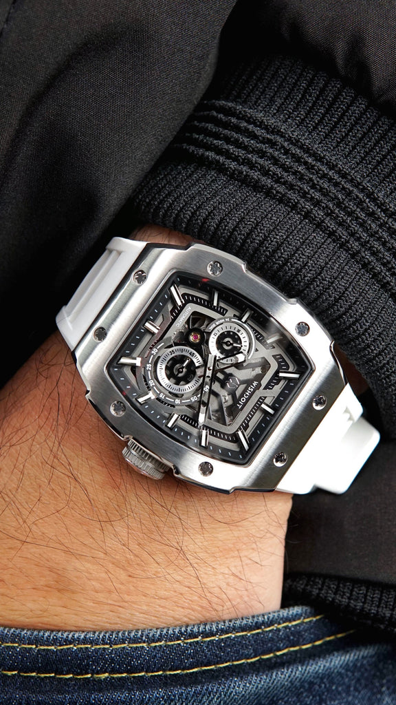 Wishdoit Watches Tonneau Affordable Best Mens Mechanical Full Speed Watch | Fluorine Rubber Watch Strap|Black 