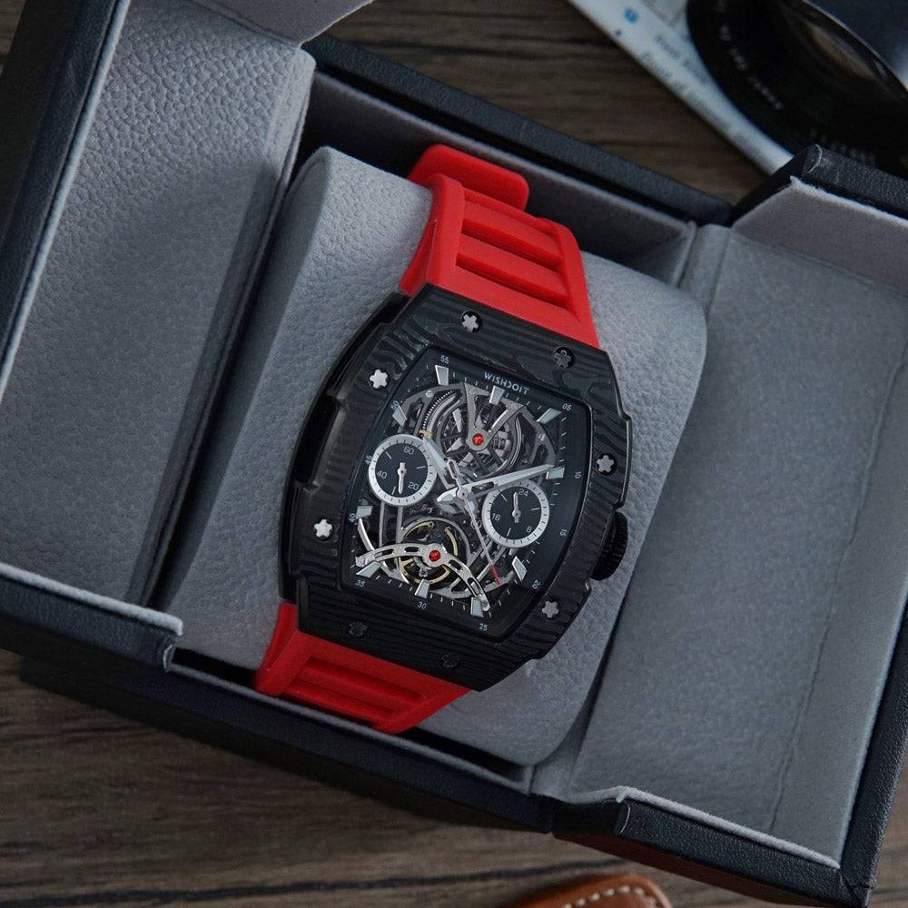 Wishdoit Watches Tonneau Affordable Best Mens Mechanical Pioneer Watch | Fluorine Rubber Watch Strap|Black (Red Strap)