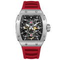 Wishdoit Watches Tonneau Affordable Best Men Mechanical Captain Kidd Watch | Fluorine Rubber Watch Strap|Silvery (Red Strap),WSD9912-D:ED,