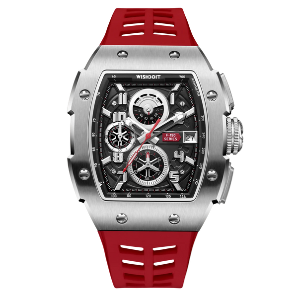 Wishdoit Watches Tonneau Affordable Best Men Chronograph F-150 Racing Watch | Fluorine Rubber Watch Strap|Silvery ,WSD9936:EC,