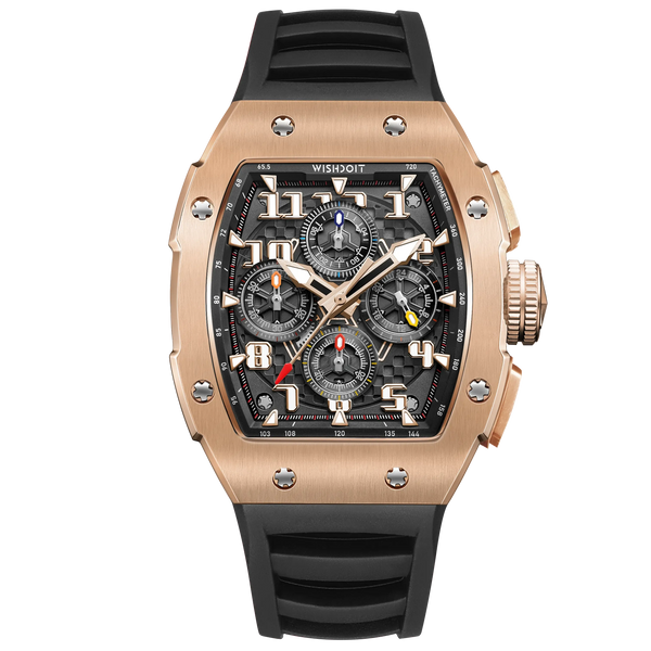 Wishdoit Watches Tonneau Affordable Best Men Chronograph GT 2.0 Racing Watch | Fluorine Rubber Watch Strap|Rose Gold,WSD9972:EC,