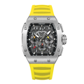 Wishdoit Watches Tonneau Affordable Best Men Chronograph GT Racing Watch| Fluorine Rubber Watch Strap|Silvery(Yellow Strap),WSD9916:EH,
