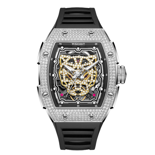 Wishdoit Watches Tonneau Luxury Automatic Mechanical Gold Snow Leopard Watch | Fluorine Rubber Watch Strap| Silvery,WSD9975:EB,