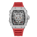 Wishdoit Watches Tonneau Luxury Automatic Mechanical Snow Leopard Watch | Fluorine Rubber Watch Strap|Silvery(Red Strap),WSD9975:ED,