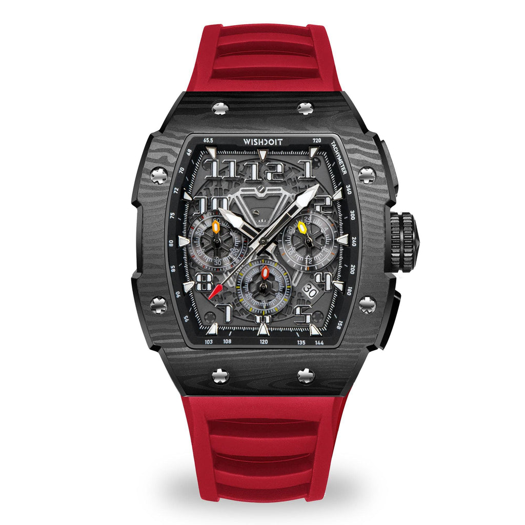 Wishdoit Watches Tonneau Affordable Best Mens Chronograph GT Racing Watch | Fluorine Rubber Watch Strap