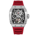 Wishdoit Watches Tonneau Affordable Best Men Mechanical Pioneer Watch | Fluorine Rubber Watch Strap|Silvery (Red Strap),WSD9937:EC,