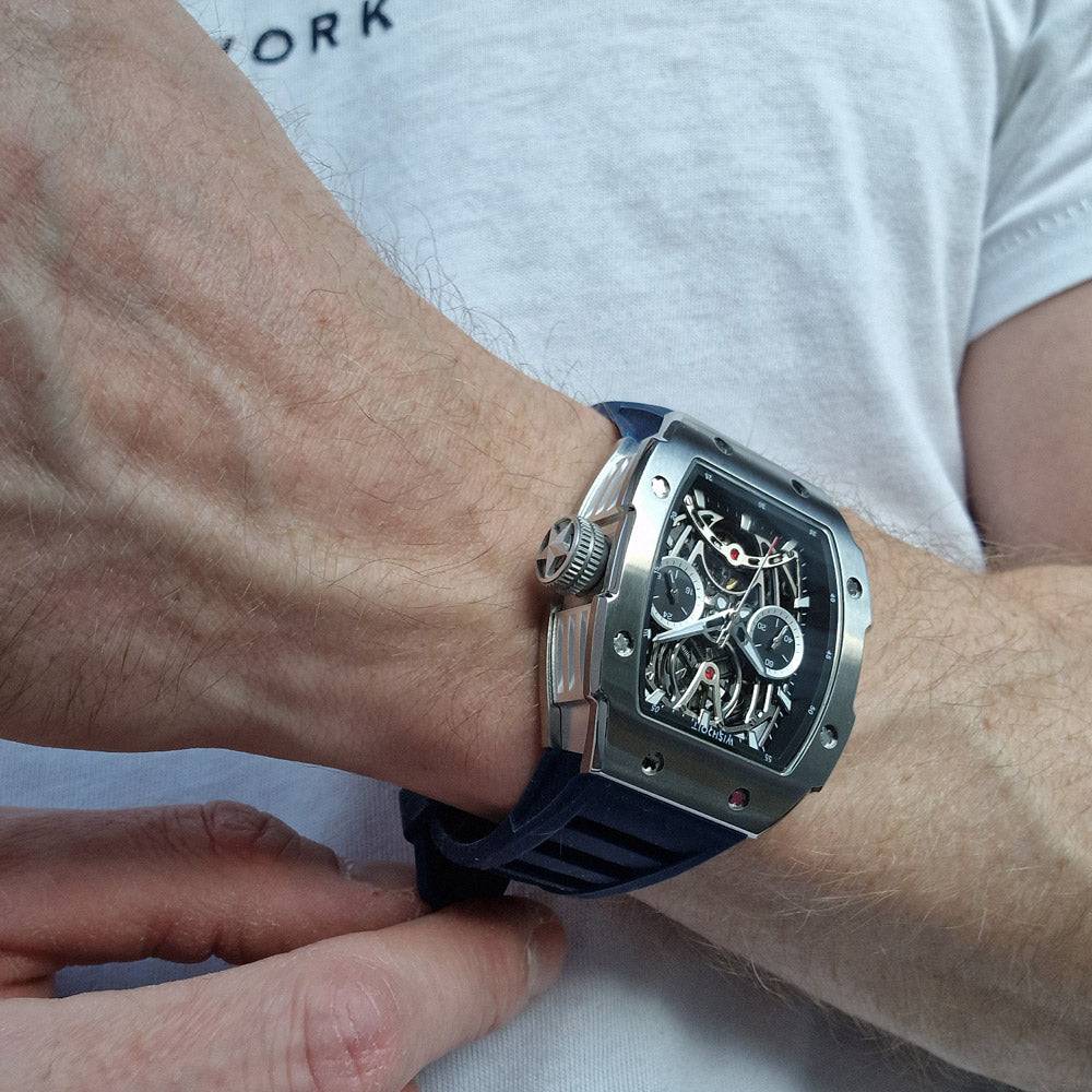 Wishdoit Watches Tonneau Affordable Best Mens Mechanical Pioneer Watch | Fluorine Rubber Watch Strap|Silvery (Blue Strap)
