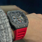 Wishdoit Watches Tonneau Affordable Best Mens Chronograph GT  Racing Watch | Fluorine Rubber Watch Strap|Black (Red Strap)