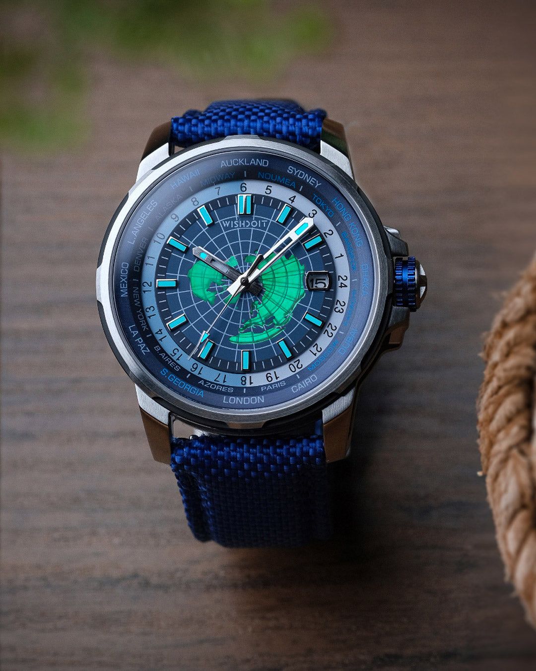 Wishdoit Watches Round Affordable Automatic Mechanical World Time GMT Sapphire Watch | Nylon Genuine Leather Watch Strap| Silvery (Blue Strap)