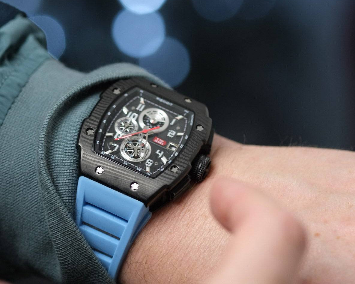 Wishdoit Watches Tonneau Affordable Best Mens Chronograph F-150 Racing Watch | Fluorine Rubber Watch Strap|Black (Light Blue Strap)