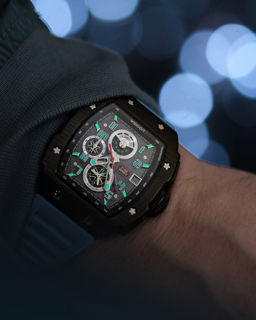 Wishdoit Watches Tonneau Affordable Best Mens Chronograph F-150 Racing Watch | Fluorine Rubber Watch Strap|Black (Light Blue Strap)