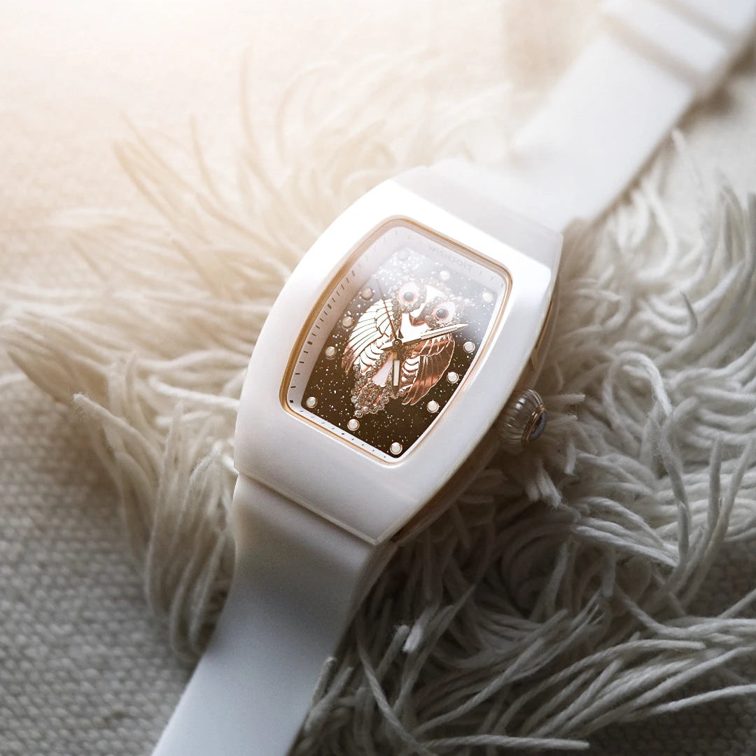 Wishdoit Watches Tonneau Affordable Best Women Chronograph l Owl Women's Ceramic Watches|Starry Dial|Fluorine Rubber Watch StraplWhite （White Strap）