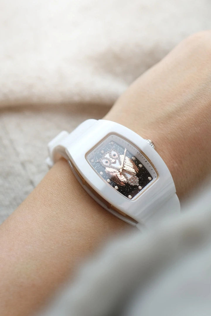 Wishdoit Watches Tonneau Affordable Best Women Chronograph l Owl Women's Ceramic Watches|Starry Dial|Fluorine Rubber Watch StraplWhite （White Strap）