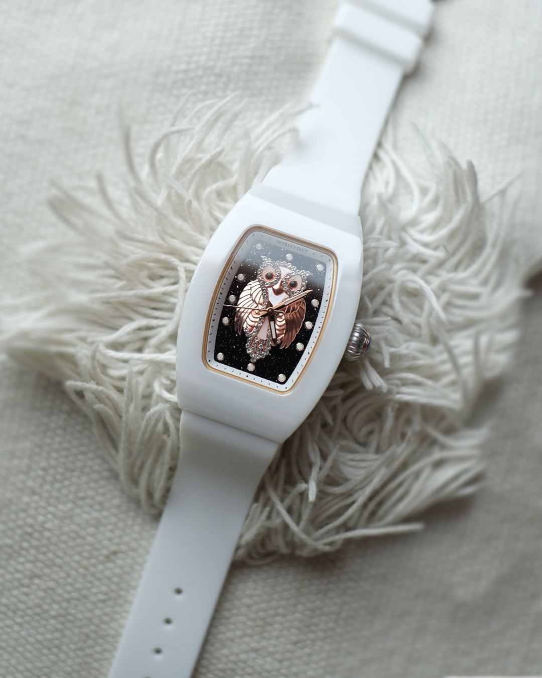 Wishdoit Watches Tonneau Affordable Best Women Chronograph l Owl Women's Ceramic Watches|Starry Dial|Fluorine Rubber Watch StraplWhite （White Strap）