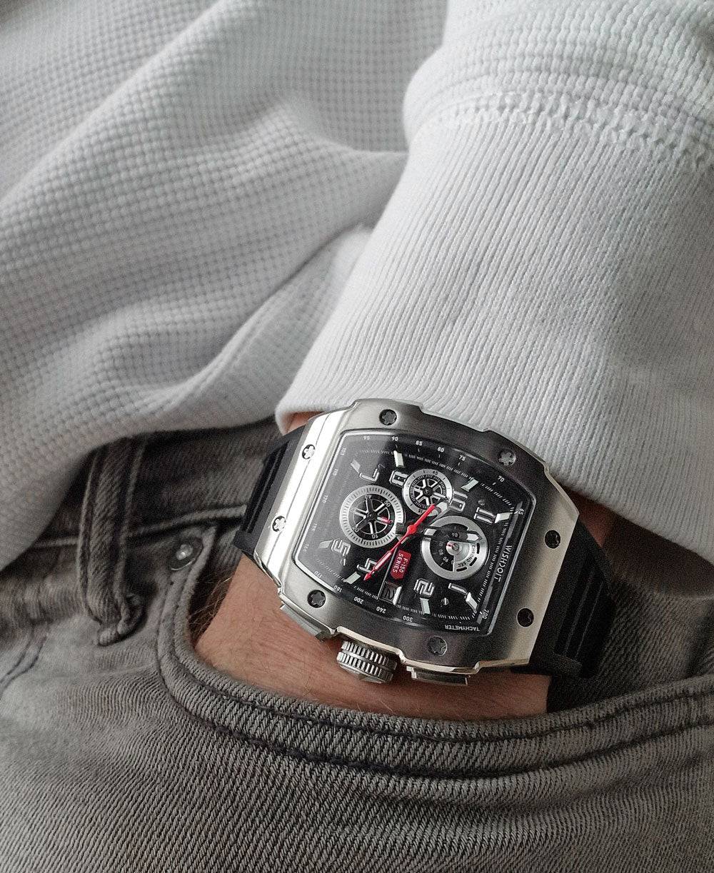 Wishdoit Watches Tonneau Affordable Best Mens Chronograph F-150 Racing Watch | Fluorine Rubber Watch Strap|Silvery 