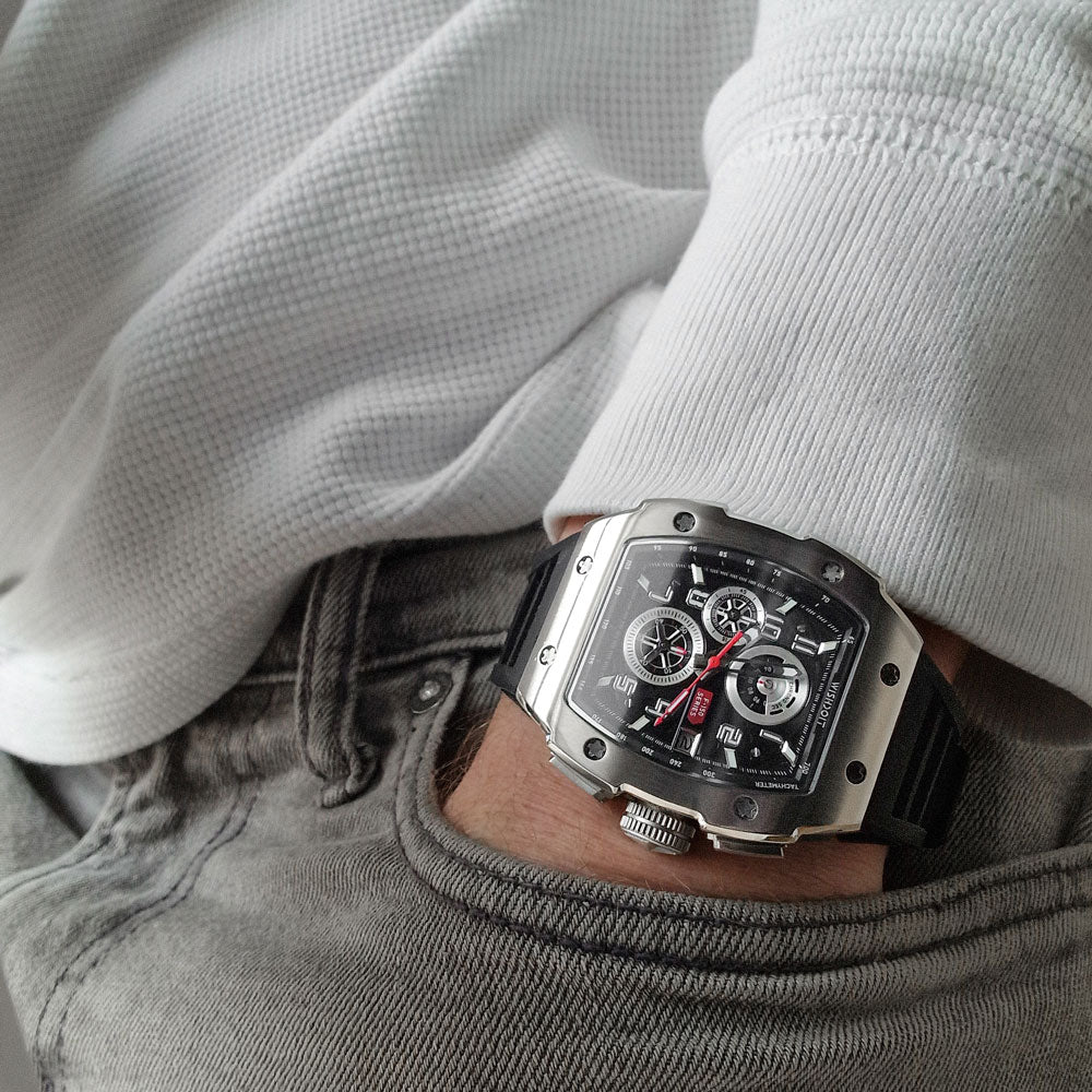 Wishdoit Watches Tonneau Affordable Best Mens Chronograph F-150 Racing Watch | Fluorine Rubber Watch Strap|Silvery 