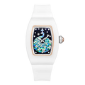 Wishdoit Watches Tonneau Affordable Best Women Chronograph l Peacock Plume Women's Watch| Fluorine Rubber  Strap (White Strap),WSD9997:EB,