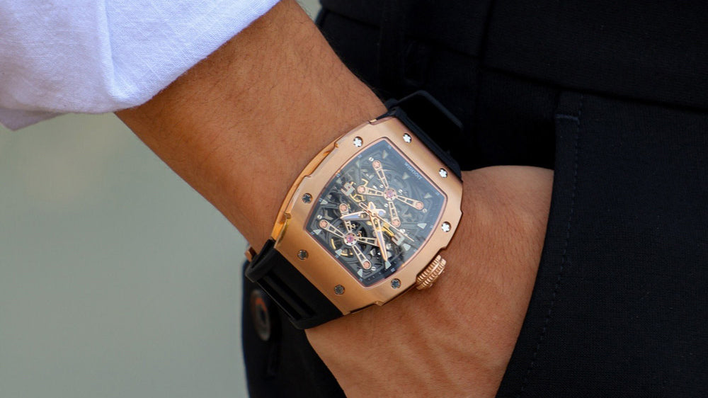 Wishdoit Watches Tonneau Affordable Best Mens Mechanical Captain Kidd Watch | Fluorine Rubber Watch Strap|Rose gold