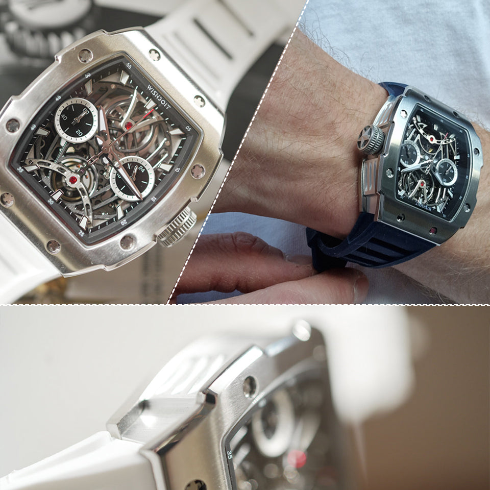 Wishdoit Watches Tonneau Affordable Best Mens Mechanical Pioneer Watch | Fluorine Rubber Watch Strap|Silvery (Blue Strap)