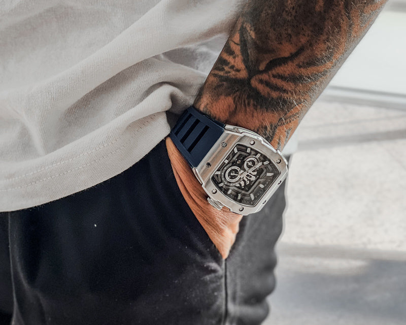 Wishdoit Watches Tonneau Affordable Best Mens Mechanical Full Speed Watch | Fluorine Rubber Watch Strap|Silvery (Blue Strap)