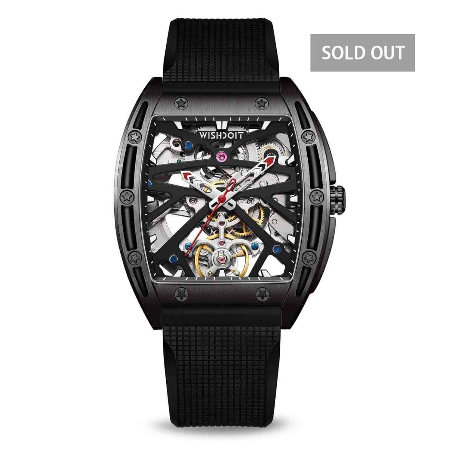 Wishdoit Watches Tonneau Automatic Mechanical URCA Watches | Luxury Skeleton Watch| Fluorine Rubber Watch Strap|Black