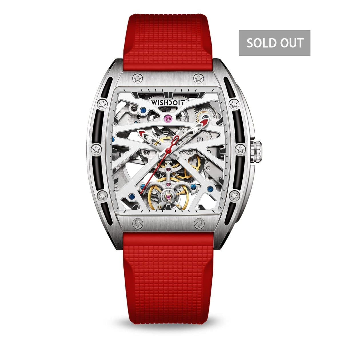 Wishdoit Watches Tonneau Automatic Mechanical URCA Watches | Luxury Skeleton Watch| Fluorine Rubber Watch Strap|Silvery
