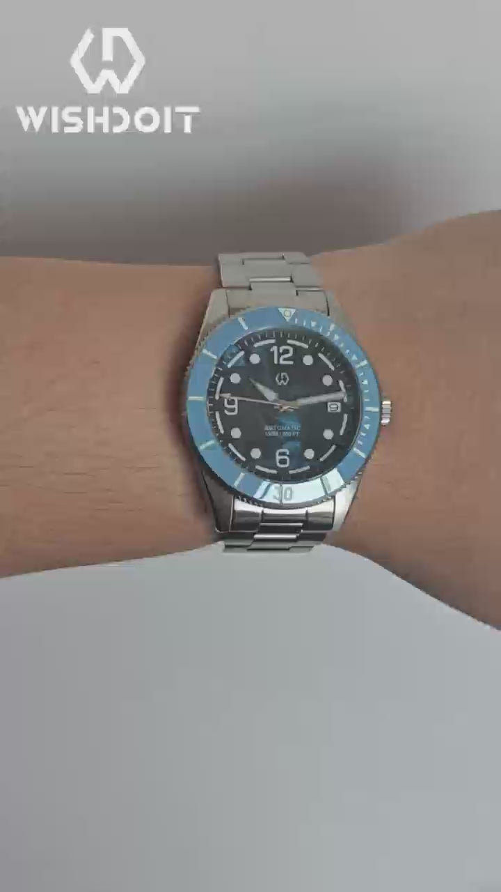 Wishdoit Watches Round Affordable AquaVolt Dive Automatic Bright Lume Mechanical Dive Watch|316L Stainless Steel|Blue Watch