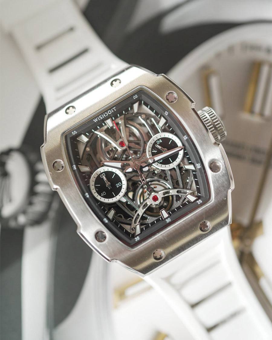 Wishdoit Watches Tonneau Affordable Best Mens Mechanical Pioneer Watch | Fluorine Rubber Watch Strap|Silvery(White Strap)