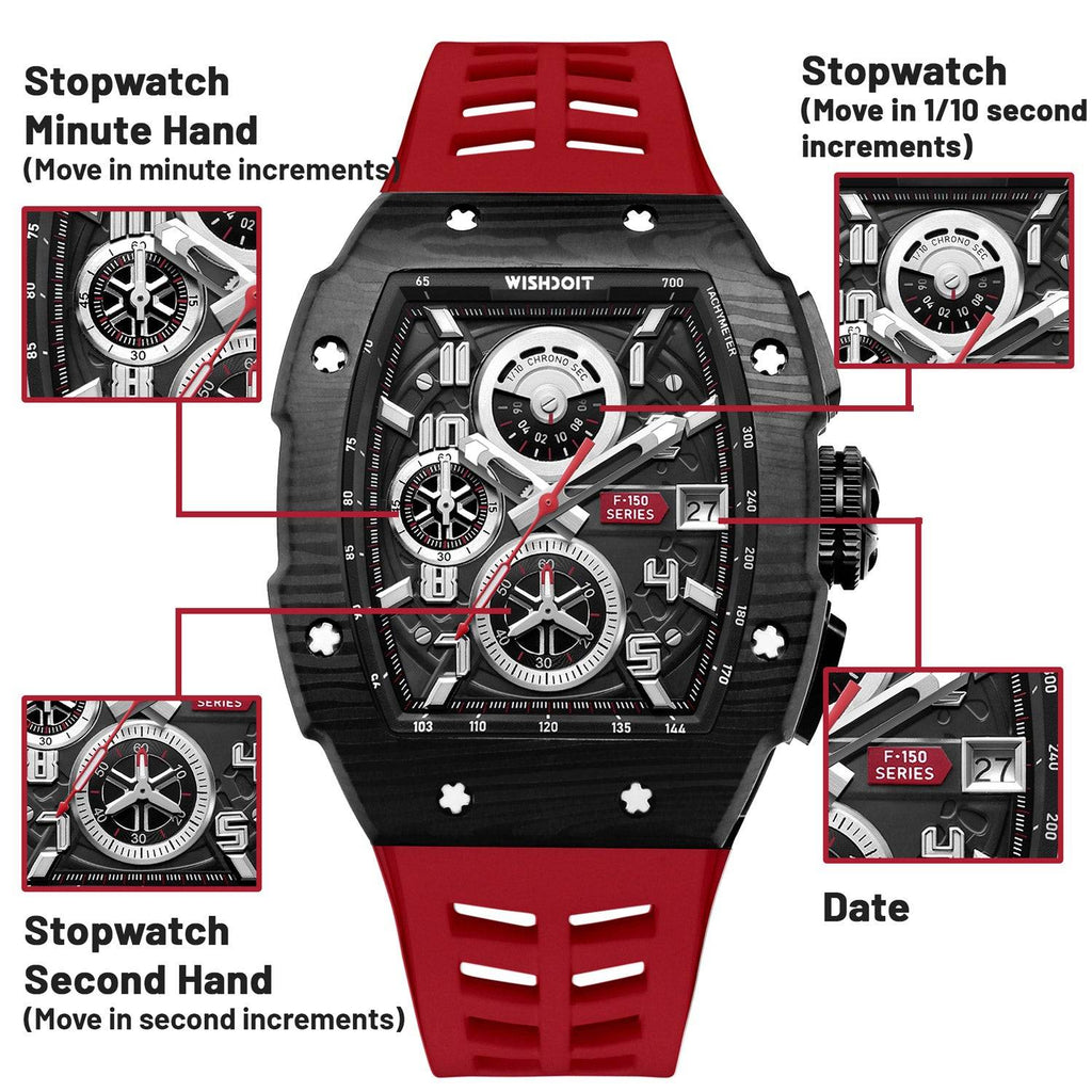 Wishdoit Watches Tonneau Affordable Best Mens Chronograph F-150 Racing Watch | Fluorine Rubber Watch Strap|Black (Red Strap)