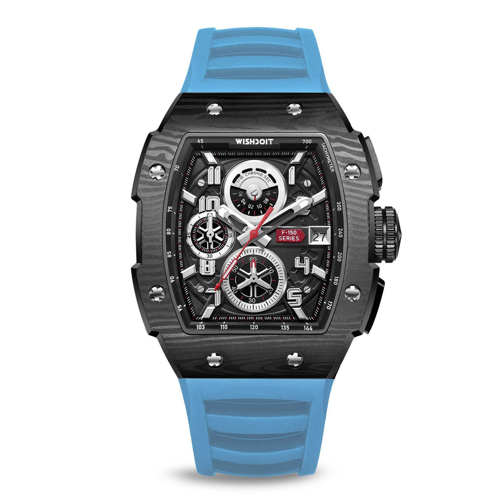 Wishdoit Watches Tonneau Affordable Best Mens Mechanical F-150 Racing Watch | Fluorine Rubber Watch Strap|Black (Light Blue Strap)