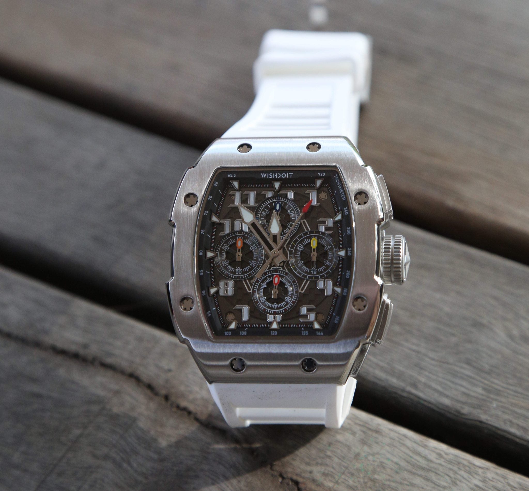 Wishdoit Watches Tonneau Affordable Best Men Chronograph GT 2.0 Racing Watch | Fluorine Rubber Watch Strap|Silvery(White Strap)
