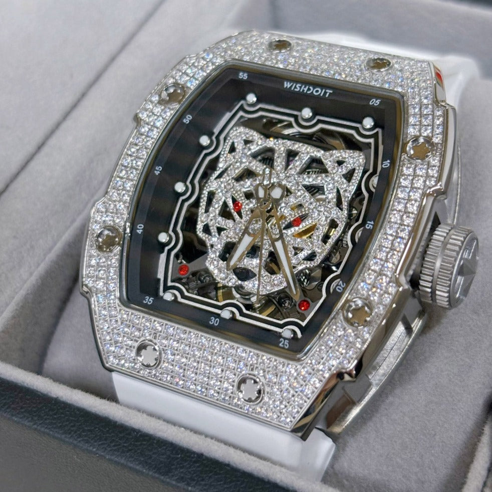 Wishdoit Watches Tonneau Luxury Automatic Mechanical Snow Leopard Watch | Fluorine Rubber Watch Strap|Silvery(White Strap)